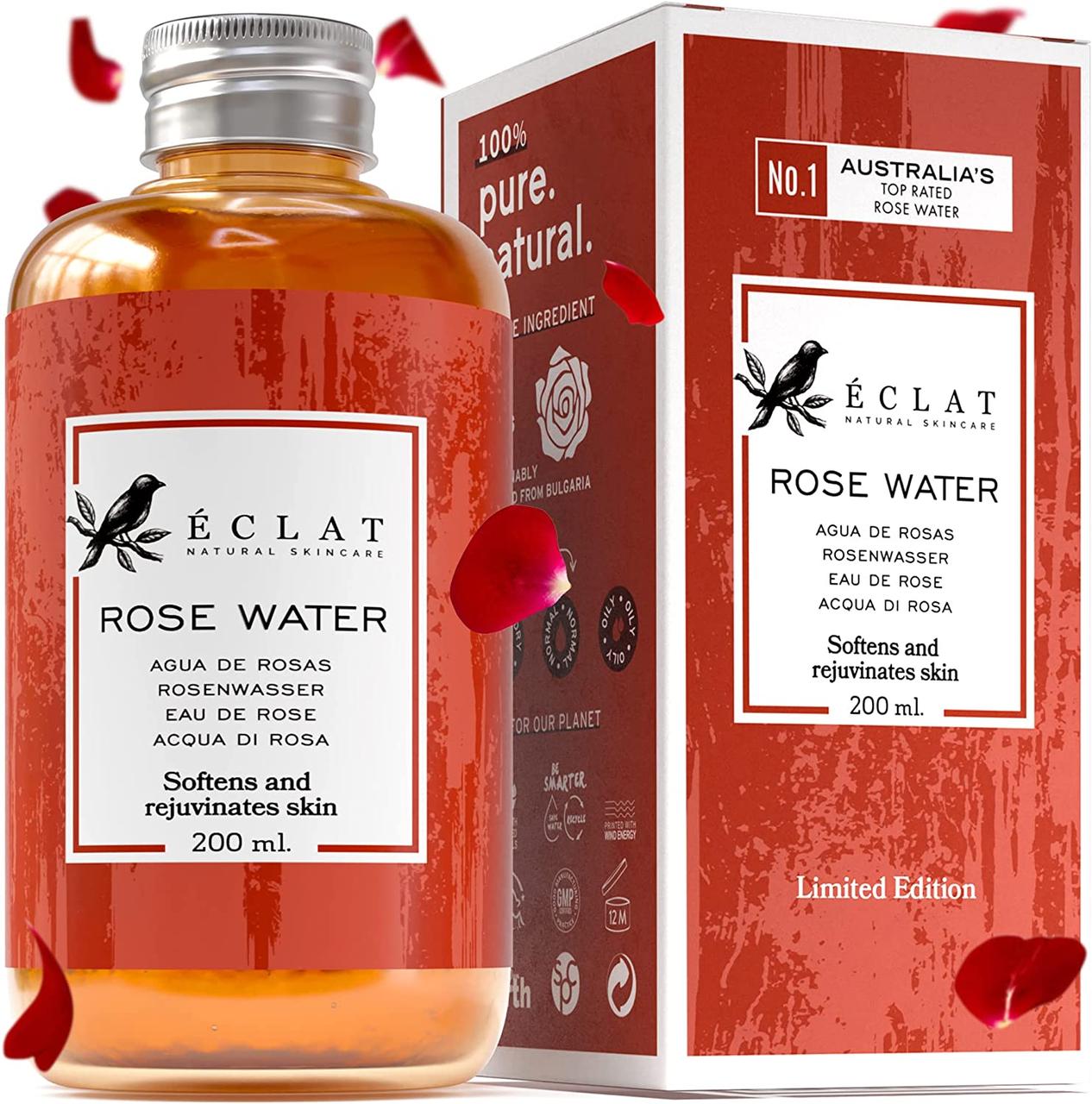 Рожева вода 100% чиста органічна Eclat Natural Skincare Rose Water 200 мл
