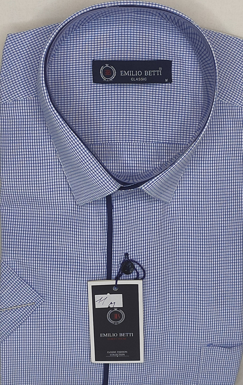 Сорочка чоловіча Emilio Betti vk-0011 блакитна в клітку класична Туреччина з коротким рукавом, чоловіча теніска