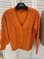 Женский свитер кардиган вязаный тёплый оранжевый единый размер 44-52 удлинённый свободный Турция
