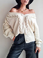Женский свитер кардиган вязаный тёплый молочный единый размер 44-52 удлинённый свободный Турция