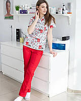 Медицинский женский костюм принт коты красные