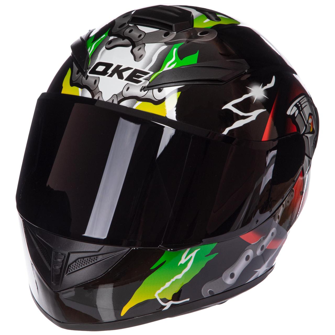 Мотошлем QKE M-3822 M-XL чорний-червоний-салатовий