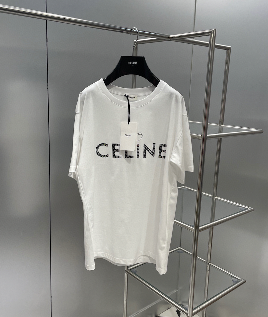 Жіноча чоловіча текстильна біла футболка Celine з чорним логотипом Селін