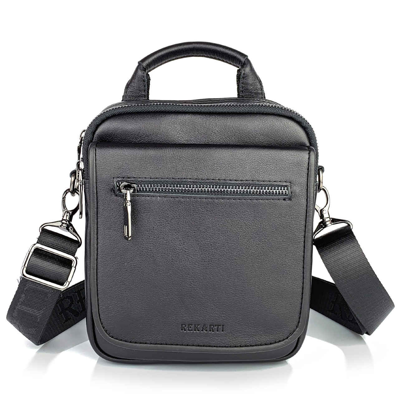 Компактна шкіряна сумка чорного кольору з натуральної гладкої шкіри з ручкою BEXHILL BX-21461-V