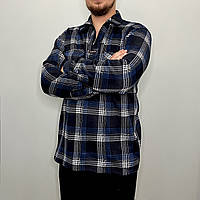 Рубашка мужская зимняя в клетку на молнии Рубаха теплая на байке Темно-синий XL