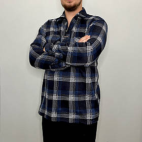 Сорочка чоловіча зимова картата на блискавці Рубаха тепла на байці Темно-синій XL