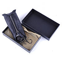 Брелок-Ключниця 1 кишеню (на блискавці) 15х3,5 см "MORO" шкіра чорна (6 гачків на ролику) Італія