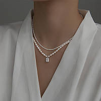 Намисто з натуральних перлів з фіанітом і чокер зі срібла 925 проби, два короткі срібні ланцюжки.