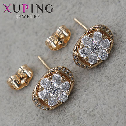 Серьги пуссеты гвоздики медицинское золото размер 9х9 мм фирма Xuping Jewelry цветочки с хрустальными камнями, фото 1