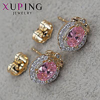 Серьги пуссеты гвоздики медицинское золото размер 9х7 мм фирма Xuping Jewelry цветочки с розовыми сапфирами