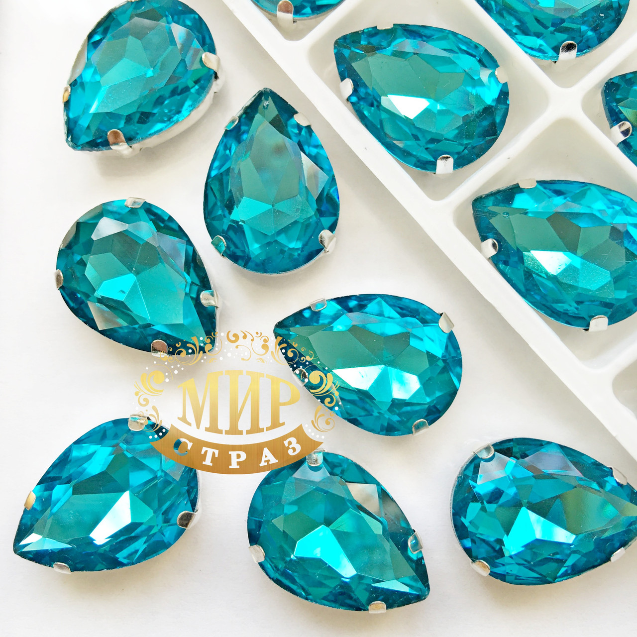 Стрази в цапах, Крапля, Розмір 10x14, Колір Aqua