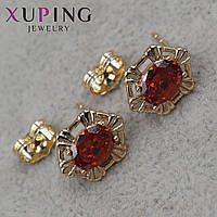 Серьги пуссеты гвоздики медицинское золото размер 11х9 мм фирма Xuping Jewelry с красными кристаллами