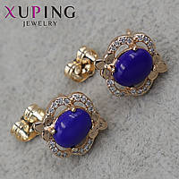 Сережки пуссети гвоздики медичне золото розмір 14х11 мм фірма Xuping Jewelry зі стразами та синіми намистинами