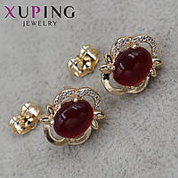 Сережки пузети гвоздики медичне золото розмір 14х11мм фірма Xuping Jewelry зі стразами та червоними намистинами