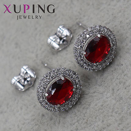 Серьги пуссеты гвоздики медицинское золото размер 12х12мм фирма Xuping Jewelry с белыми и красными кристаллами, фото 1