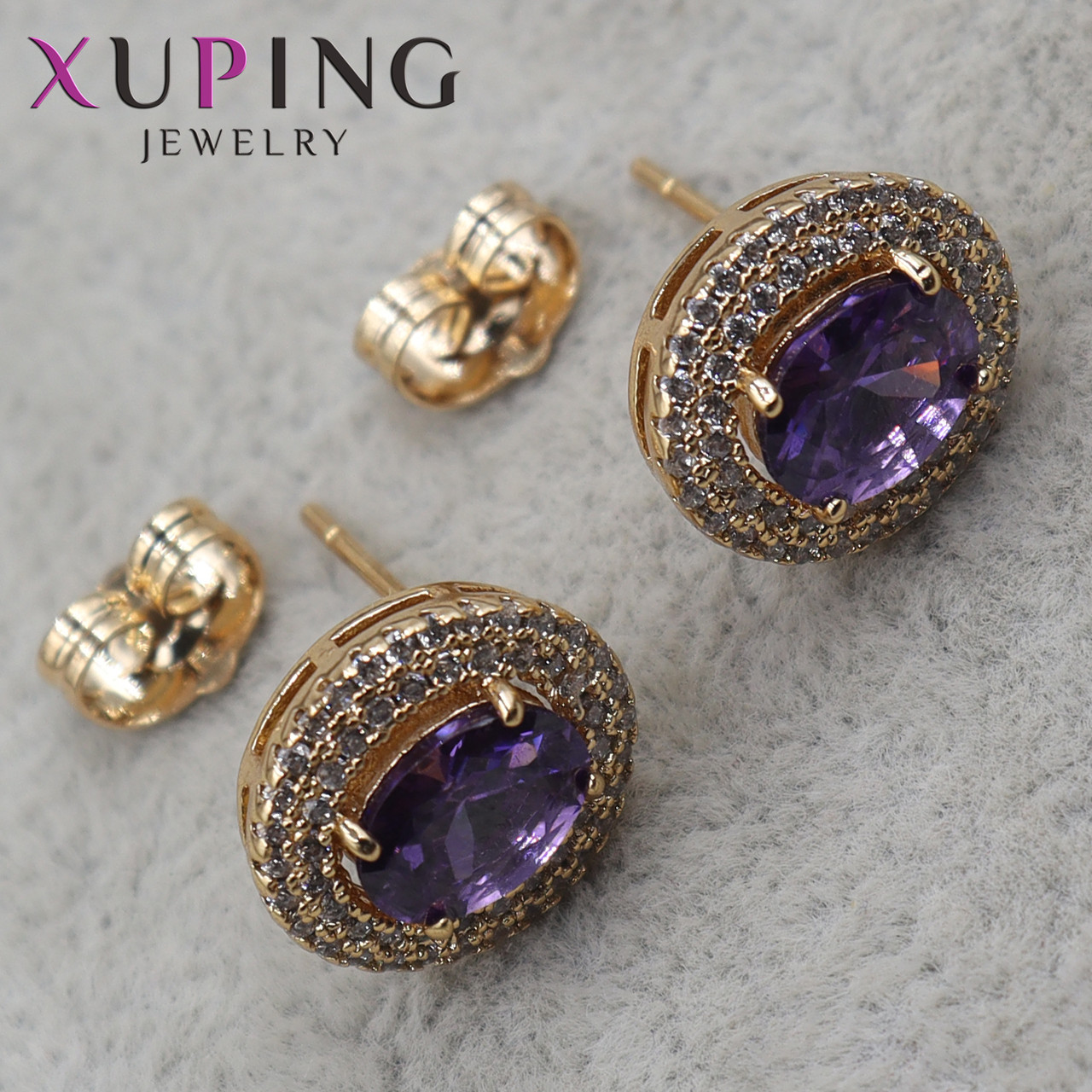 Серьги пуссеты гвоздики медицинское золото размер 12х10 мм фирма Xuping Jewelry с фиолетовым аметистом