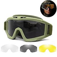 Очки защитные тактические с 3-мя сменными линзами / Панорамные очки-маска Олива