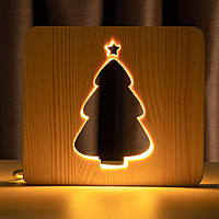 Светильник ночник ArtEco Light из дерева LED "Ёлочка под снегом" с пультом и регулировкой света, цвет теплый