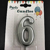 Свічка в торт цифра хром "6", срібна, Свеча в торт цифра "6"