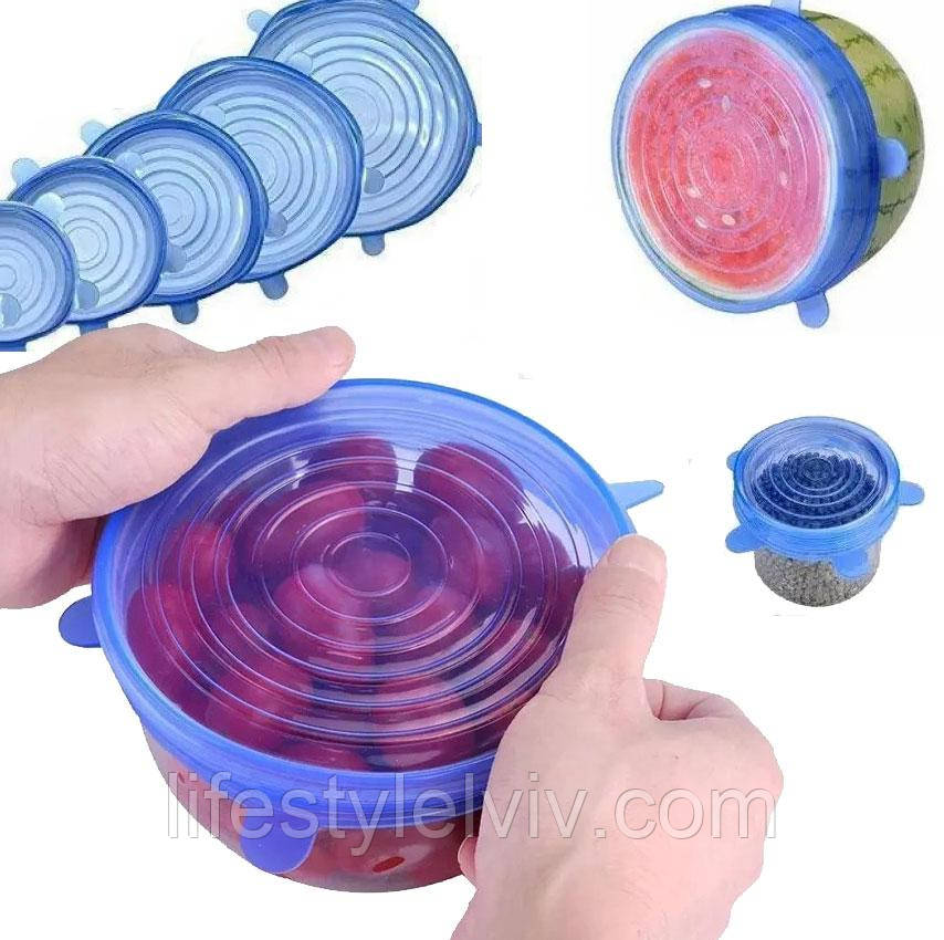 Універсальні кришки для посуду Silicon Cap 6 шт, колір Рандом / Набір силіконових кришок, фото 1