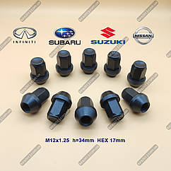 Чорні колісні гайки M12x1,25 під ключ 17мм, висота 34мм для литих дисків Nissan Infiniti Suzuki Subaru