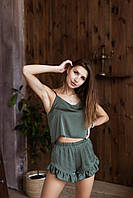 Шелковая женская пижама с рюшечками шорты и топ S-M зеленый