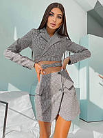 Стильный костюм Лиза женский утепленный пиджак с подплечниками и завязками и мини юбка в клетку Kdv1517