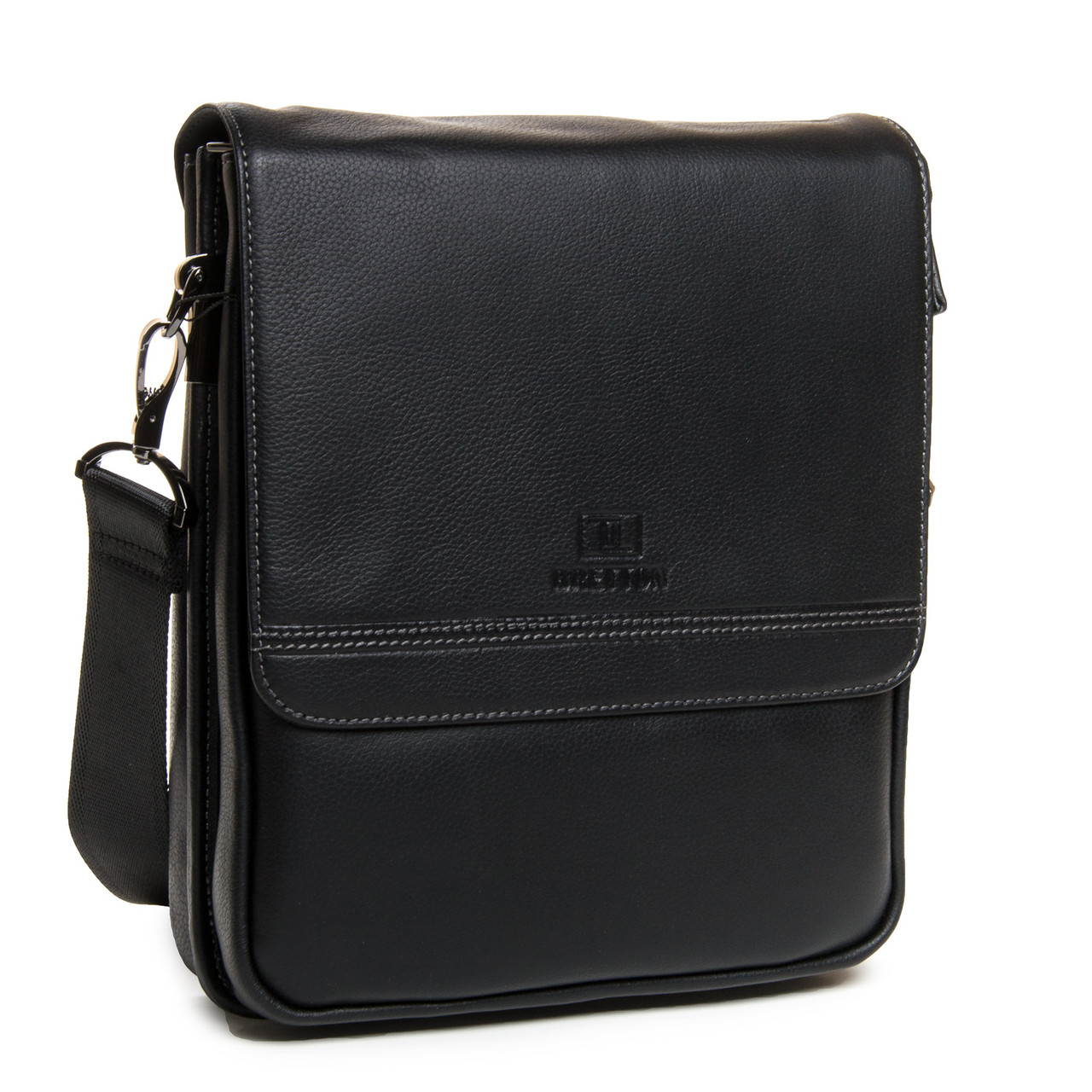 Сумка чоловіча шкіряна на плече з ручкою зверху чорна з кишенями на 2 відділи під блискавкою Bretton 5317-3