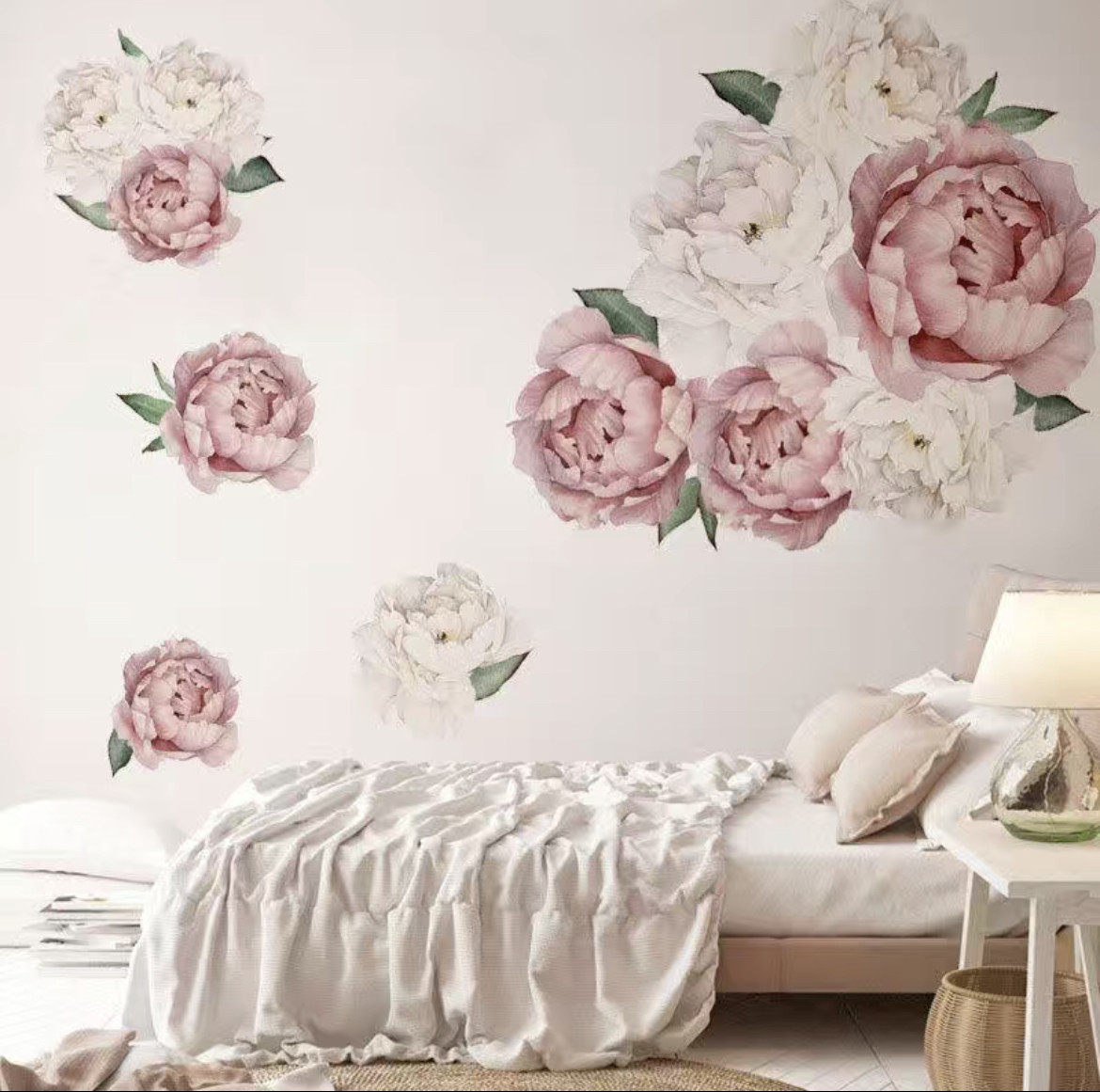 Наліпка декоративна вінілова на стіну на шпалеру на меблях ніжні рожеві та білі квіти півонії