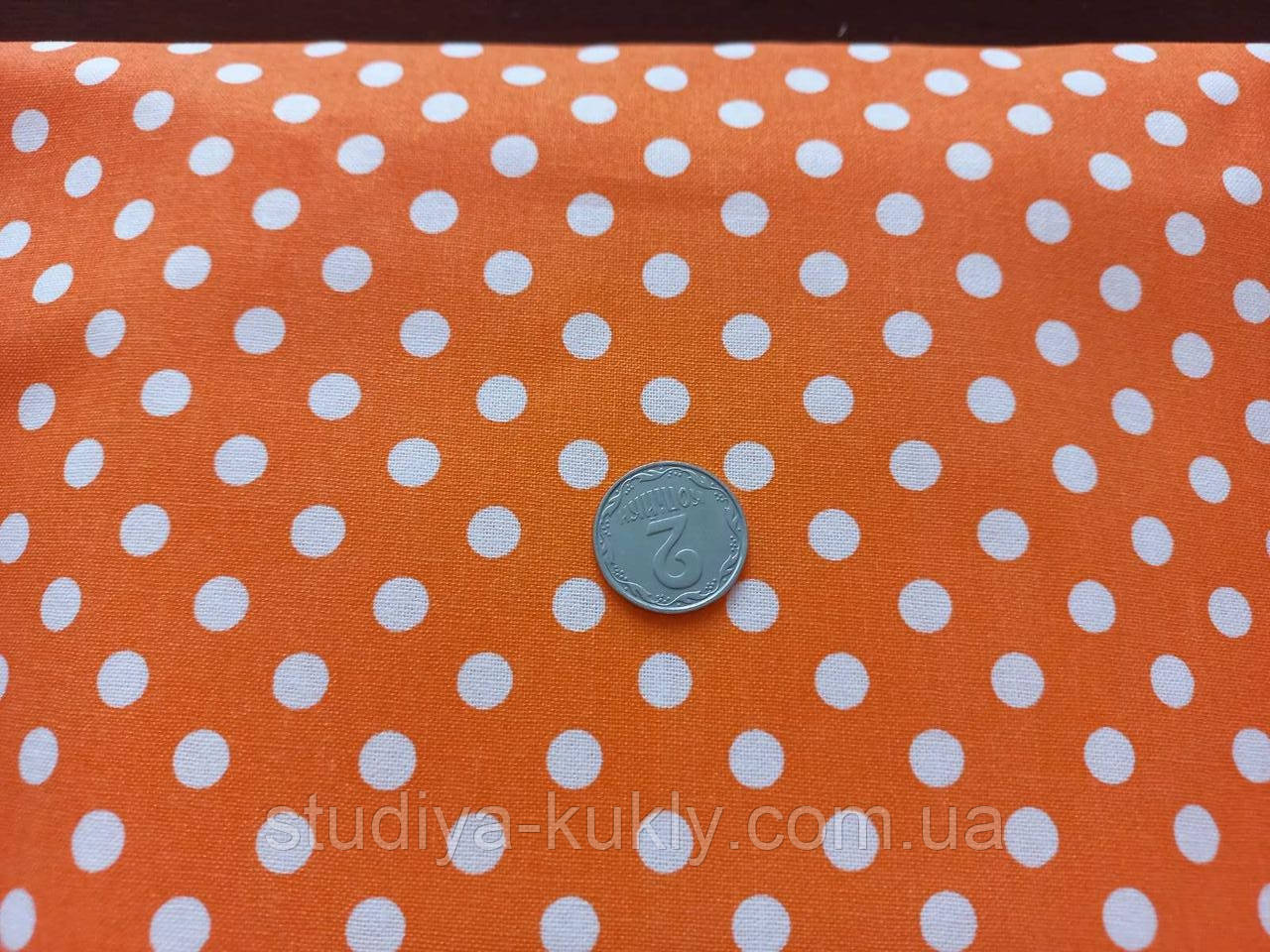 Тканина для ляльок, бавовна, Колір помаранчевий у білий горошок. 50*50 см, фото 1