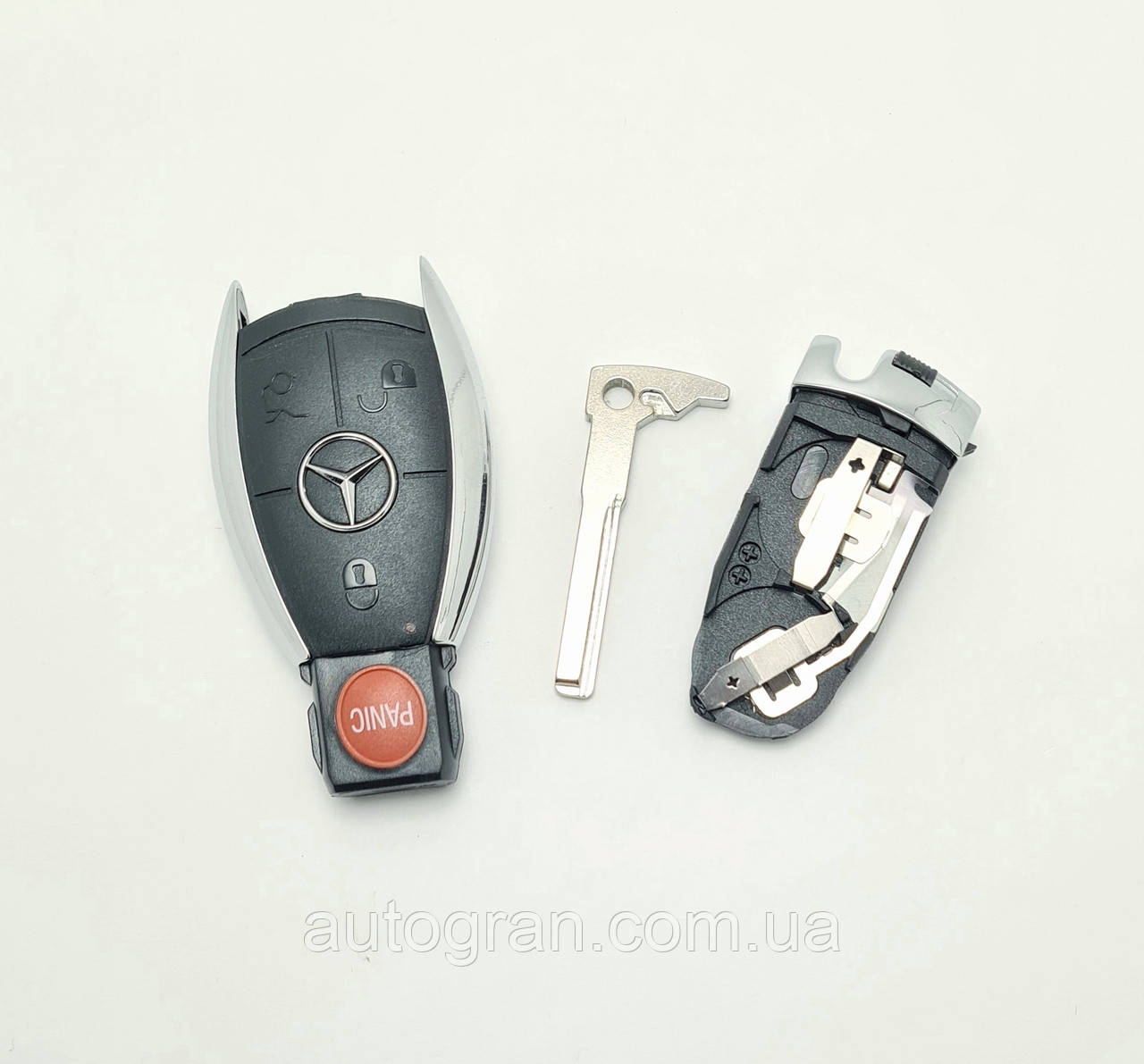 Корпус смарт ключа Mercedes рибка новий тип 3 кнопки + panic з тримачем батарейки, фото 1