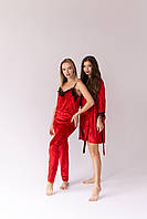Пижама женская для дома из мраморного велюра (Халат+штаны+майка+шорты), красный