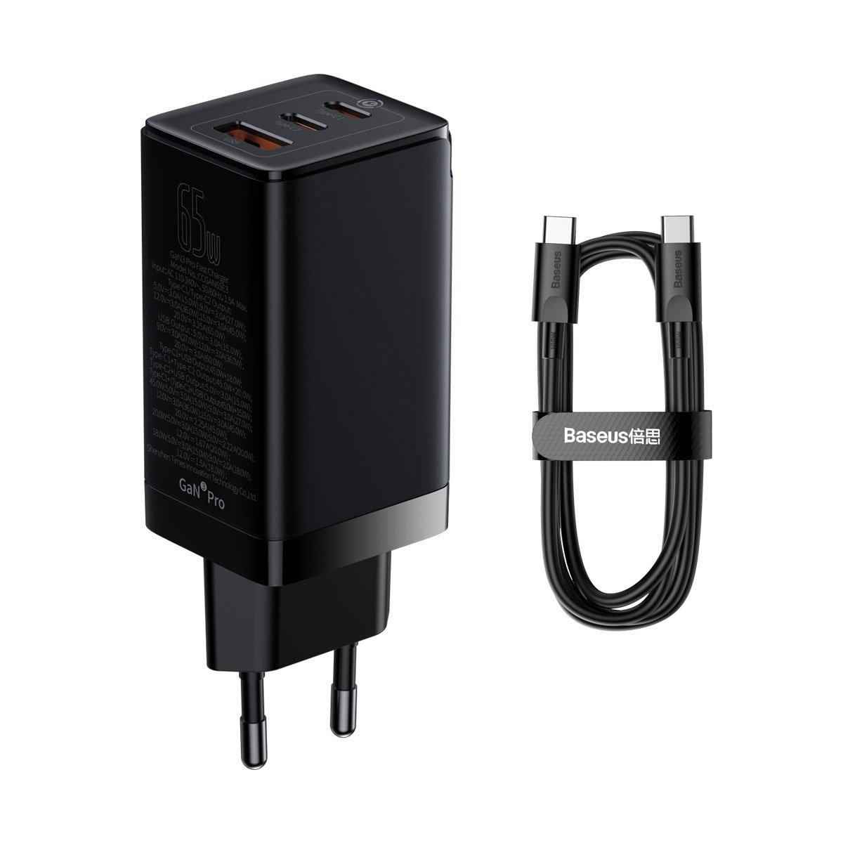 Мережевий зарядний пристрій Baseus GaN3 Pro Quick Charger 65 W + Cable Type-C to Type-C 5A Black (CCGP050101)