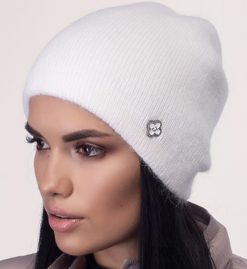 Стильна жіноча шапка-біні "Аксель" з ніжної вовни кролика, у білому колірі., фото 1