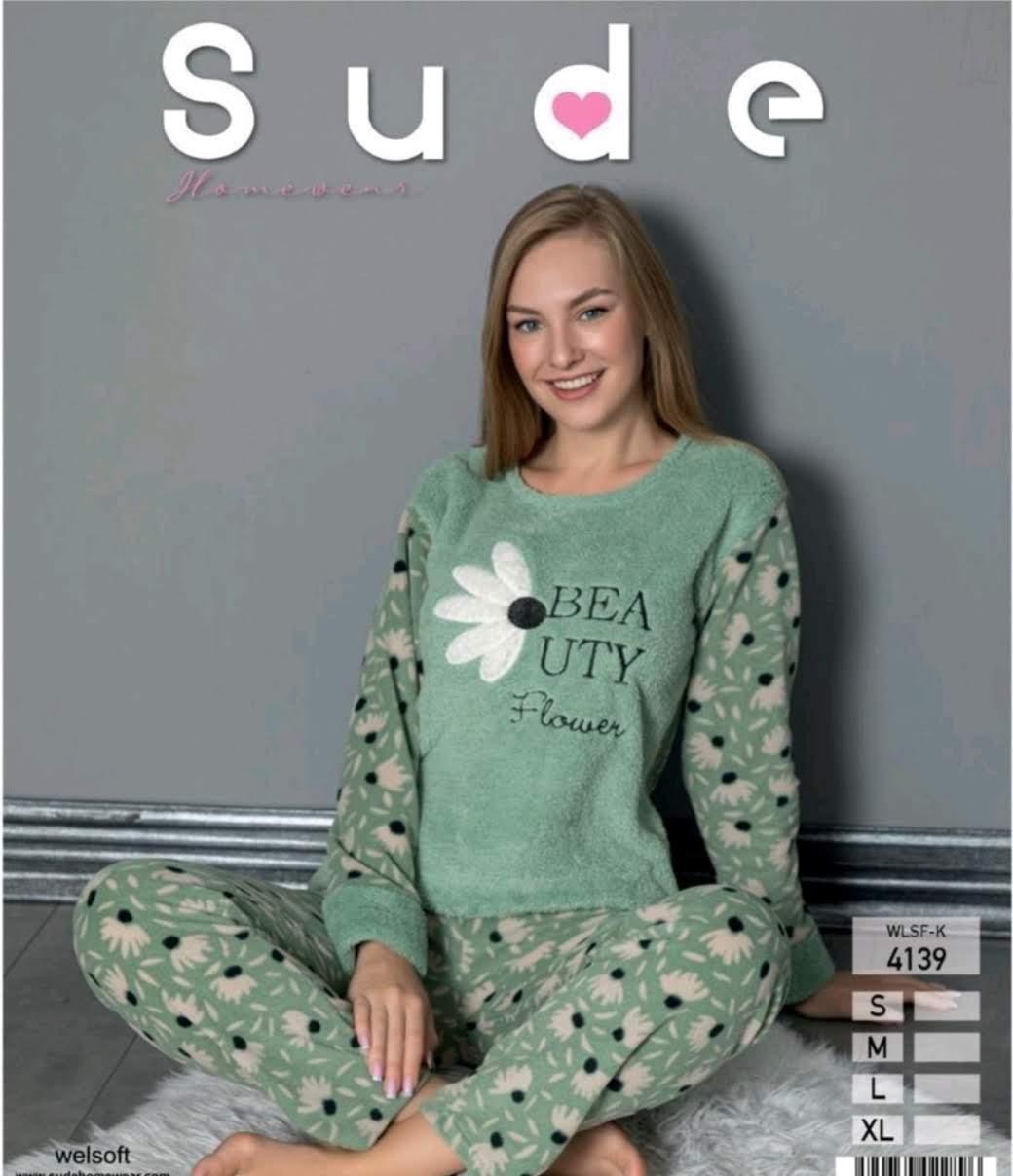 Піжама жіноча на флісі «Sude Ромашки» м'ятного кольору (S-XL), фото 1