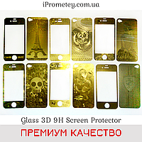 3D цветное защитное стекло Glass ОПТОМ с рисунком для iPhone 4 на Айфон 4s перед зад Оригинал