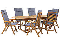 Садовый набор из дерева акации, стол и 6 стульев с синими подушками JAVA