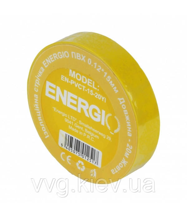 Ізоляційна стрічка ПВХ 0.12х15мм 20м жовта, ENERGIO (PVCT-1520Yl)