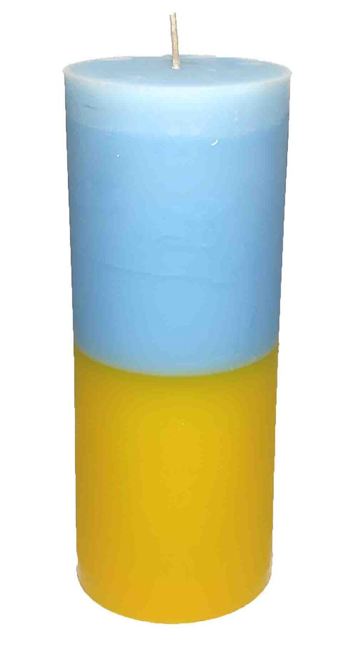 Свічка парафінова "Циліндр". Колір: Жовто-Блакитний Висота: 100мм. Діаметр: 60мм. Вага: 250гр., фото 1