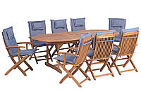 Садовый набор, деревянный стол и 8 стульев с синими подушками MAUI