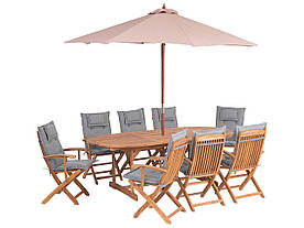 Садовий набір, дерев'яний стіл з парасолькою і 8 стільців з сірими подушками MAUI