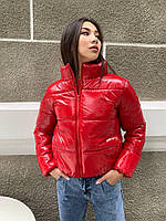 Лаковая короткая куртка женская демисезонная с воротником стойкой (р. 42-48) 65KU906 красный, 42/44
