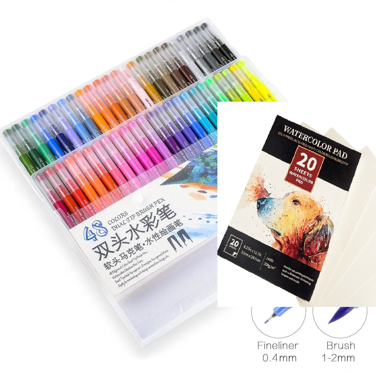 Набор Акварельные маркеры 48 Dual Tip Brush Pens STA + скетч бук 20 листов А4, набор для творчества - фото 1 - id-p1656089885