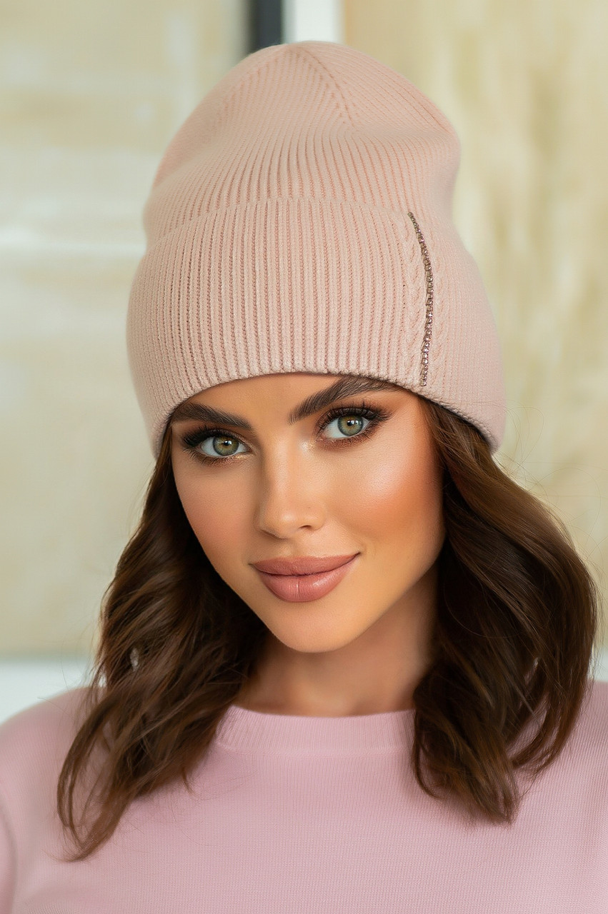 В`язана шапка "Ліана" колір пудра