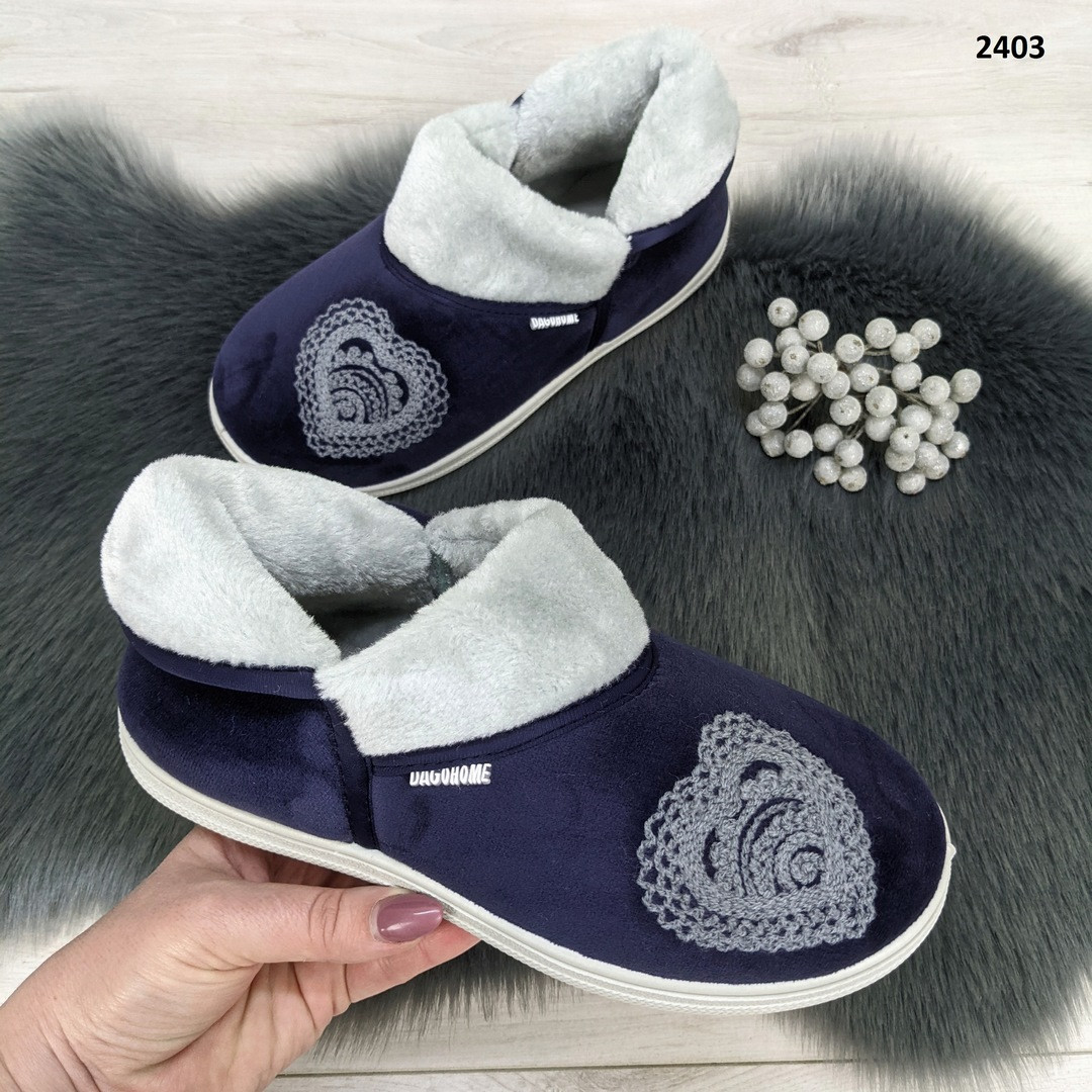 Тапочки чуні жіночі Dago Style на хутрі велюрові темно-сині 2403