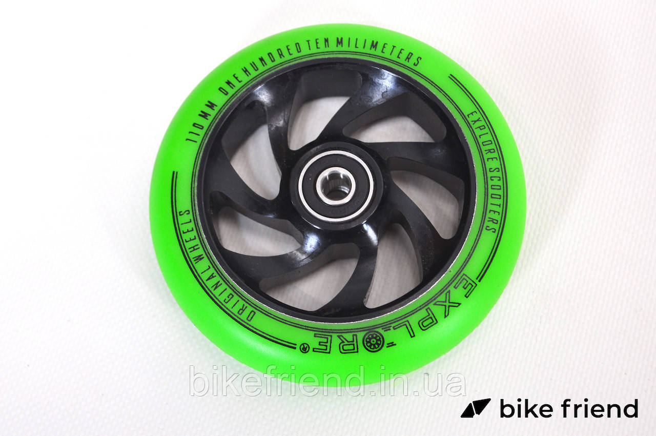 Колесо для трюкового самоката 110 мм дюралевый диск Explore Scooter Wheel зеленый + ABEC 9 - фото 4 - id-p1412568774