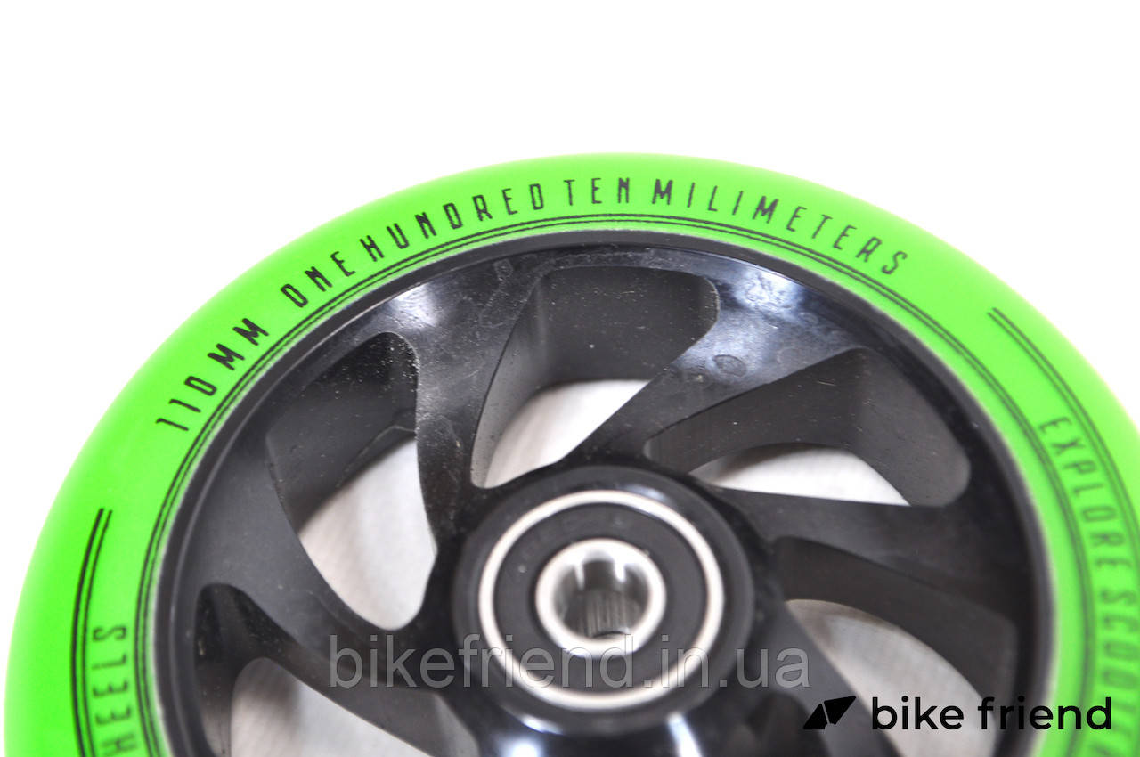 Колесо для трюкового самоката 110 мм дюралевый диск Explore Scooter Wheel зеленый + ABEC 9 - фото 3 - id-p1412568774