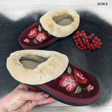 Капці жіночі домашні Dago Style без задника з хутром кольору бордові, фото 1