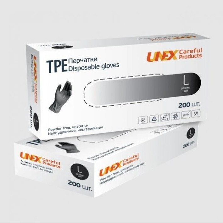 Рукавички хлор-поліетилен L (8-9) 200шт чорні неопудрені Unex TPE