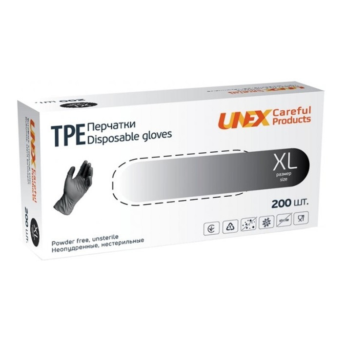Рукавички хлор-поліетилен XL (9-10) 200шт чорні неопудрені Unex TPE